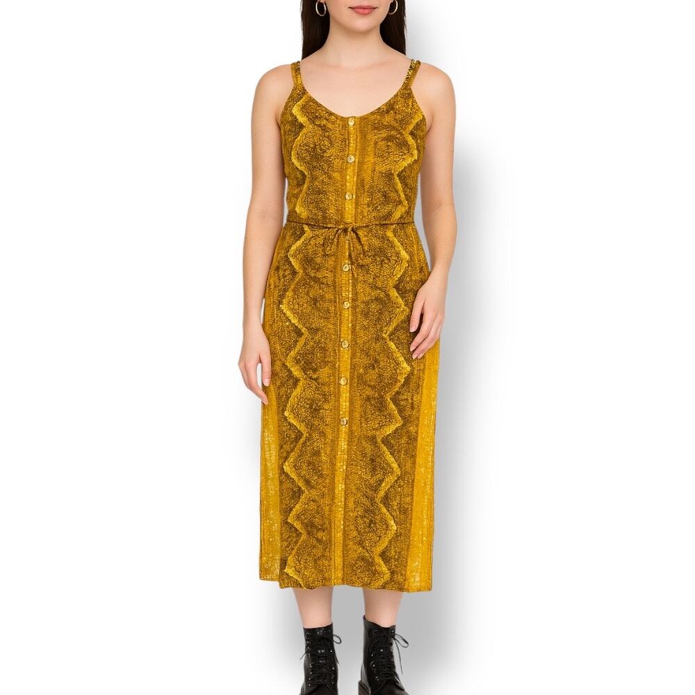 Vintage 90s Crinkle Rayon Snakeskin Print‎ Midi Slip Dress Mustard Yellow Boho